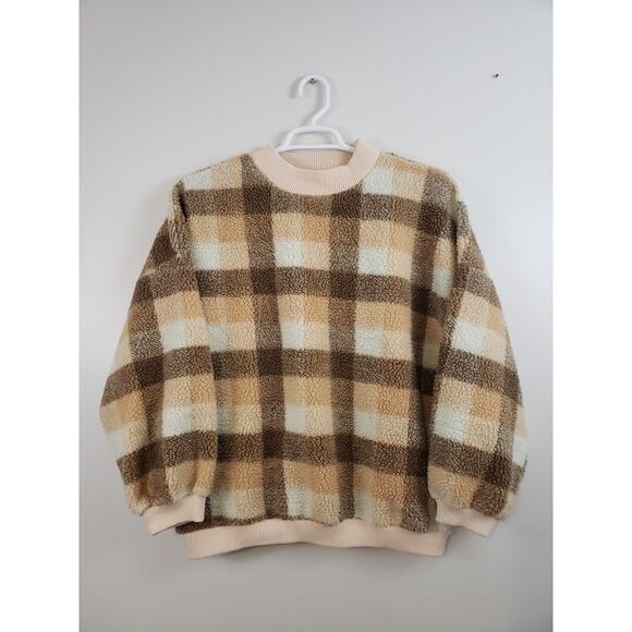 (Ju) Simplee Gingham Womens Sweater Size L Drop Shoulder Teddy Pullover Cream - Picture 2 of 8